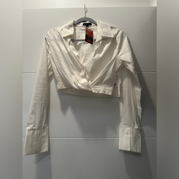 Cotton Candy LA Chic White Wrap Crop Top with Long Cuffed Sleeves Holiday Chic M - Picture 8 of 13